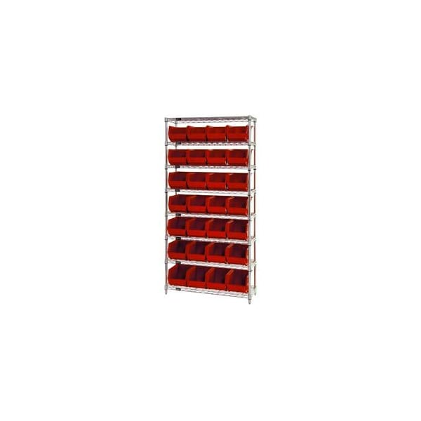 Global Industrial Chrome Wire Shelving w/ 28 Stacking Red Bins, 36inW x 12inD x 74inH, Gray 268926RD - main